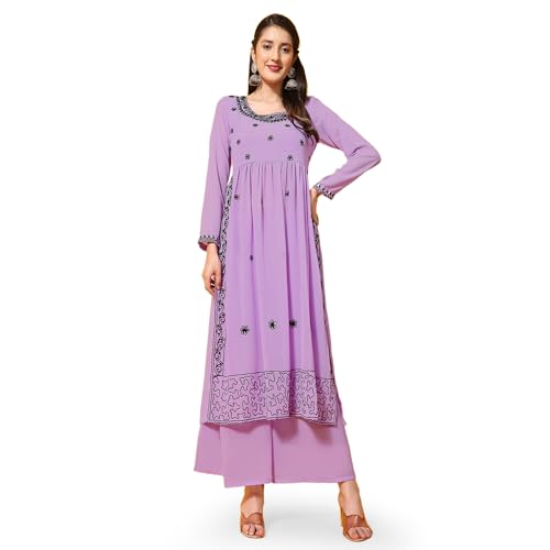 Image of PH POSHAKHUB Women A-Line Nyra Cut Kurta with Sharara in Georgette with Aari Work