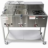 Stainless Steel Propane Deep Fryer Cart with Vortex Stove-3 in 1 with Food Steamers-Cast Iron Burner Stove-with Hose & Regulator + Thermometer-Ideal for Commercial and Home Use