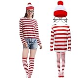 Unpifolov Red and White Striped Tee Shirt Suits Funny Halloween Cosplay Costume Adult Sweatshirt Outfit Hat Glasses Socks Sets Women 3XL