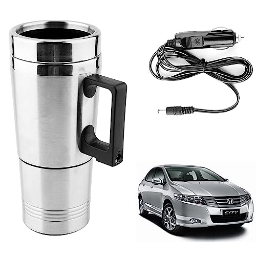 Image of Oshotto 12V Stainless Steel Car Heating Kettle /Mug, Travel Friendly electric Tea /Coffee maker Compatible with Honda City Idtec (300ml) - Silver