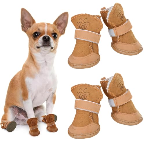 Vulevirtue 4 Stück Schneestiefel Haustiere,Plüsch Hundestiefel,Hunde Schuhe Outdoor,Süße Hundestiefel,Hundeschuhe Pfotenschutz Outdoor,Warme Hundeschuhe Krallenschutz,für Kleine Und Mittlere Hunde