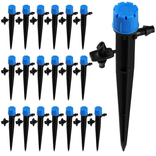 VooGenzek 20 PCS 360 Degree Adjustable Irrigation Dripper Sprinkler, Micro 8-Hole Stake Emitter Dripper for 4/7 mm Garden Hose Irrigation System, Water Flow Stake Emitter, Blue (with Connector)