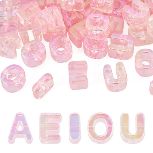FASHEWELRY Crystal Pink Large Letter Beads 50 Pcs Acrylic Colorful Big Alphabet Bead Vowel AEIOU Spacer Paracord Beads for Keychains Bag Charm Kit Phone Chains Bracelets Necklaces Shoelaces