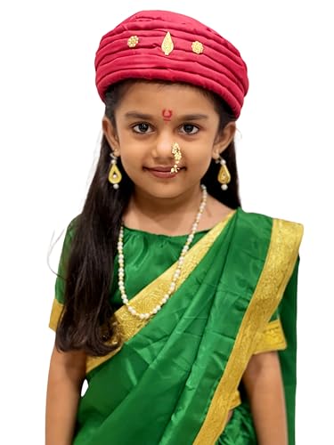 Image of Red Rani Laxmi Bai Safa for Kids | Traditional Indian Turban | Fancy Dress Costume Headgear for Annual Function, School Play & Cultural Events