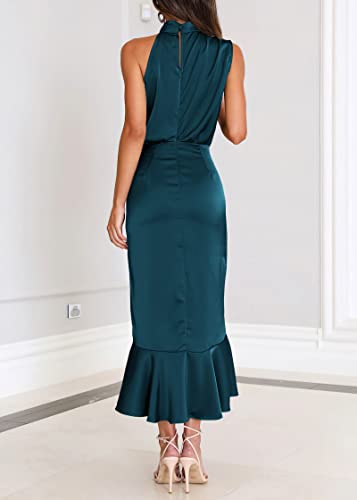 Image of KIRUNDO Women's Summer Satin Mock Neck Wedding Guest Dress | Party Cocktail Midi Dress, 2026 Spring Fashion, Silky, Elegant Classy Halter High Neck, Sleeveless Wrap Ruffle Formal Dress