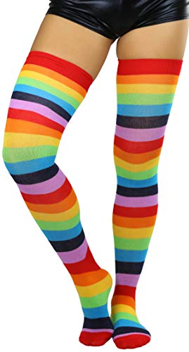 Image of ToBeInStyle Women's Bright Vibrant Rainbow Striped Thigh High Rave Stockings