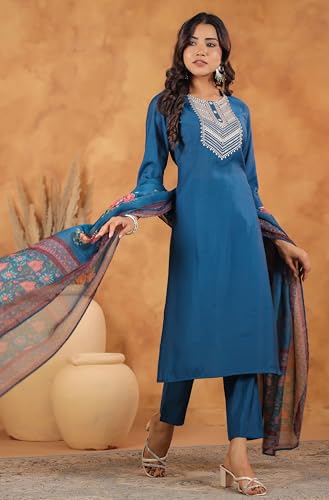 Image of Janasya Women's Silk Blend Yoke Embroidered Straight Kurta Set
