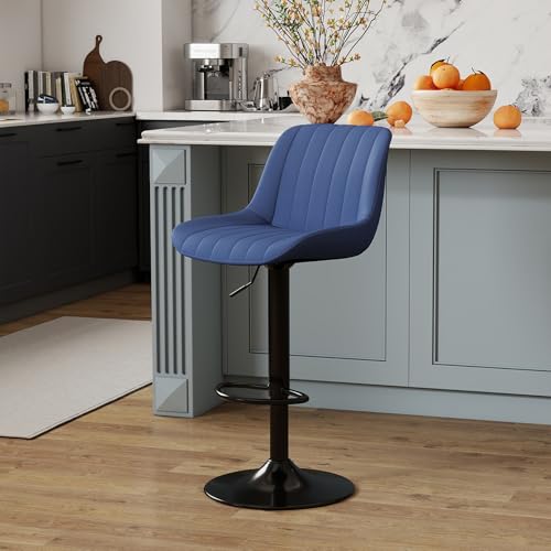 Image of Youhauchair Adjustable Faux Leather Bar Stools Set of 3, Blue | Swivel, Counter Height, Back & Footrest, Armless, PU, Modern, Kitchen Island Stool, Upholstered Dining Room Chair