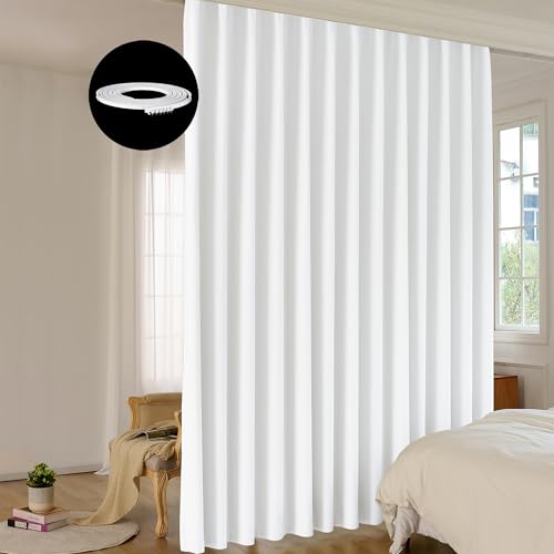 Image of Room Divider Curtain Sets with Bendable Ceiling Track, 95% Blackout Total Privacy Ceiling Track Curtains Floor to Curtains Track Kits 10 ft Wide x 7 ft Tall, White, 1 Panel