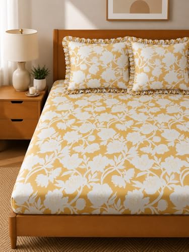 Image of 380 TC Premium Glace Cotton Elastic Fitted Bedsheet King Size with 2 Pillow Covers King Size | Double Bed with All Around Elastic (Yellow Floral, Fitted - Double72x72)