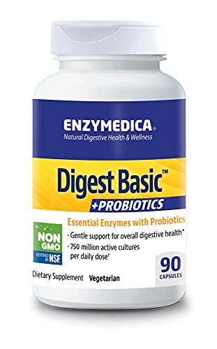 Enzymedica, Digest Basic + Probiotics, Gentle Enzymes for Digestive Health, Breaks Down Carbs, Fats and Proteins with Protease, Amylase and Lipase, 750 Million CFU, Vegetarian, 90 Capsules