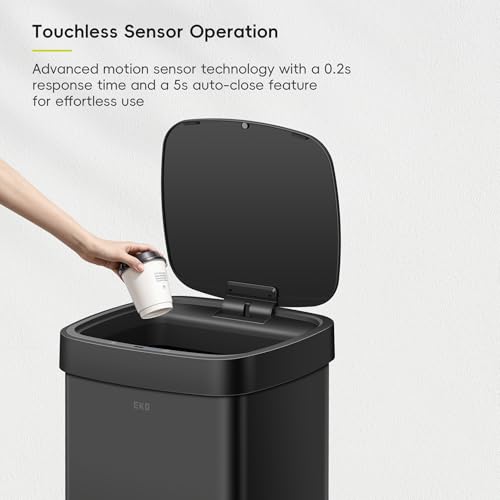Image of EKO EcoSmart 80L / 21.1 Gallon Motion Sensor Trash Can or Recycling Bin - Tall, Large Touchless Kitchen Garbage Bin with Soft-Close Lid for Home or Office, Brushed Stainless Steel, Matte Black