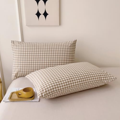 Image of Nayoroom Brown Gingham Duvet Cover Queen Size Tan White Plaid Checkered Duvet Cover 3 Pieces Grid Dorm Bedding Set with 2 Pillowcases, Soft Breathable Washed Microfiber