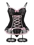 Foxiny Curvy Sexy Mesh Corset Ruffle Lace Up Underwire Sheer Garter Belt Babydoll Lingerie Set With Thong 3 Piece Women Cosplay Bustier Bodysuit Top Push See Through Underwear Plus Black 4XL