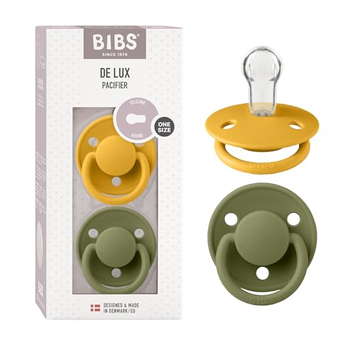Image of BIBS De Lux Baby Pacifier 2-Pack | Made in Denmark | BPA Free Dummy Soother, Round Nipple. Silicone, OneSize (0-36 Months), Honey Bee/Olive