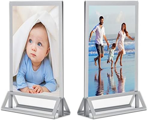 Cliselda 6pcs 5x7 inch Clear Acrylic Sign Holder with Sliver Border, Double Sided Poster Menu Holders, Plastic Display Signs Stands Picture Frames for Wedding Table Numbers, Restaurant Signs, Photos