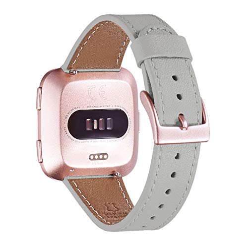 WFEAGL for Fitbit Versa Band, Top Grain Leather Band Replacement Strap for Fitbit Versa/Versa 2 /Versa Lite/Versa SE Fitness Smart Watch (Light Gray+Rose Gold Buckle)