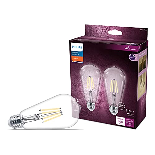 Philips Led Vintage Flicker-Free Clear Straight St19, Dimmable, Eyecomfort Technology, 400 Lumen, Soft White(2700K), 4.4W=40W, Title 20 Certified, E26 Base, 2-Pack, (564856) #TOP29