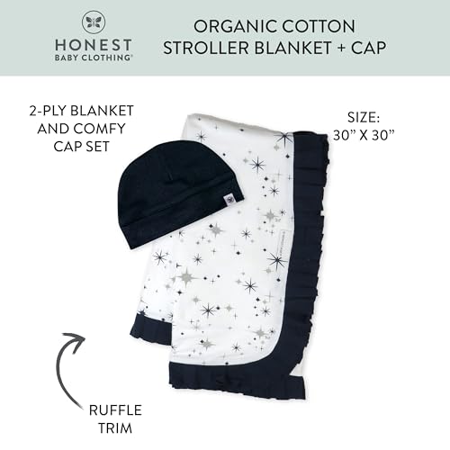 Image of HonestBaby Knit Stroller Blanket with Trim Detail and Baby Hat 100% Organic Cotton for Infant Boys, Girls, Jumbo Twinkle Star Navy (2-Pack), One Size