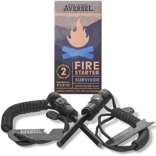 AVERSEL Fire Starter Ferro Rods - 2 Premium 5"x5/16" Ferro Rods - Each Rod includes Emergency Compass, 150 dB Whistle, 7' 550 Mil-Spec Paracord, Multi-Tool - 18,000+ Strikes Per Rod - Hemp Wick Bellow