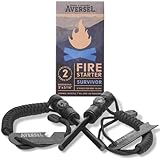 AVERSEL Fire Starter Ferro Rods - 2 Premium 5'x5/16' Ferro Rods - Each Rod includes Emergency Compass, 150 dB Whistle, 7' 550 Mil-Spec Paracord, Multi-Tool - 18,000+ Strikes Per Rod - Hemp Wick Bellow