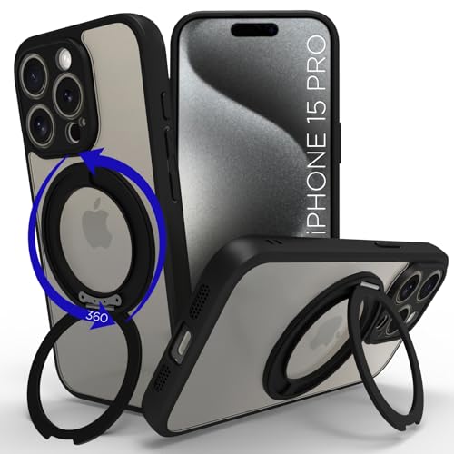 Image of RIGGEAR Shockproof Sleek Hybrid Armor 360 Rotating Magnetic Ring Stand Back Cover Case Compatible with MagSafe Accessories for iPhone 15 Pro (Clear PC + Black TPU Bumper)