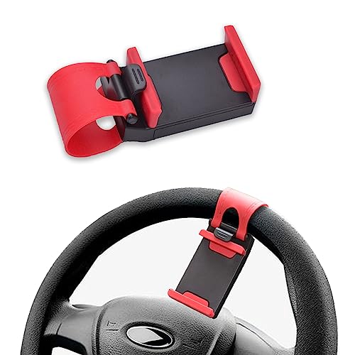 Middrivr Car Steering Wheel Phone Mount, Steering Wheel Smartphone Mount, Portable Steering Wheel Phone Holder Mount Clip Fit for IPhone14/13/12/11 Pro Max/XR/XS/S21/S20/S10/Note 10 (Red)