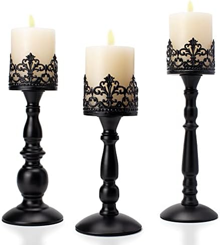 Vintage Pillar Candle Holders Set of 3-12'' 11'' 9''- Black Gothic Hollow Candle Holder for Table Centerpieces - Tall Candle Stands Decorative for Dining Room & Living Room - Fireplace Decor & Gift