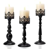 Vintage Pillar Candle Holders Set of 3-12'' 11'' 9''- Black Gothic Hollow Candle Holder for Table Ce