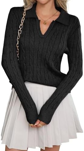 Women Long Sleeve Cable Knit Sweater Polo Collar Shirt V Neck Business Casual Fashion Fall Pullover Tops