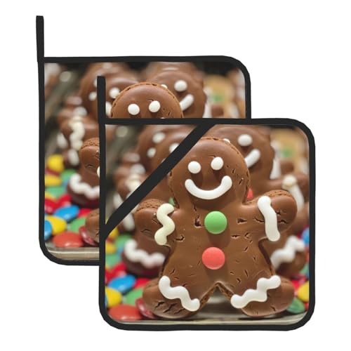 Set di 2 presine da cucina a forma di omino di pan di zenzero, con stampa di caramelle e presine, sottopentola per cucinare e cuocere