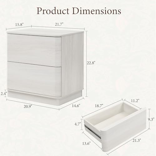 Image of Yechen Night Stand Set of 2 with 2 Push to Open Hidden Drawers Storage | Bedside Table, 22'' Wooden Modern End Table, Mid Century Bedside Table for Bedroom, Curved Profile, White Grey