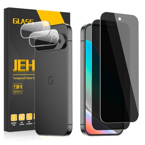 JEHOO [2+2 Pack] 2 Packs Privacy Screen Protector for Google Pixel 10 with 2 Pack Camera Lens Protector 9H Hardness Tempered Glass Support Fingerprint Unclock