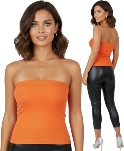 ToBeInStyle Women's Seamless Bandeau Tube Top Ribbed Without Pad - Orange - One Size
