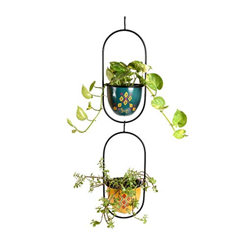 Image of AAKRITI ART CREATIONS Metal Hanging Planters Set of 2 | Handpainted Planter, Modern Art, Blue & Yellow Glossy Finish | Outdoor & Indoor Home Decor Items | Room Decoration Artifacts, Flower Pots