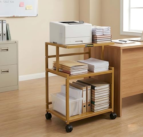 Image of Premium Metal Iron Golden Printer Stand with Wheels - Heavy-Duty & Stylish Storage Solution for Files, and Essentials - Durable, Modern & Perfect for Homes & Offices. (Golden)