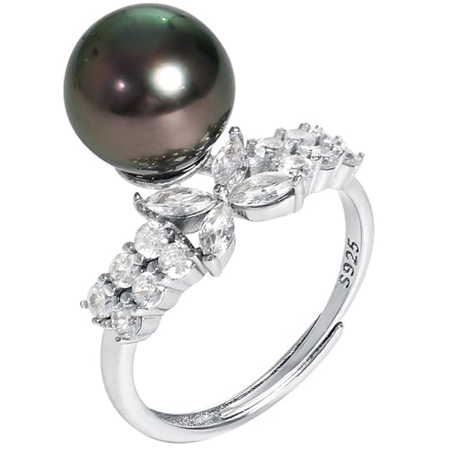 ANAZOZ Bague Mariage Femme Argent 925, Perle Noire de Tahiti 9-10mm Élégance Réglable