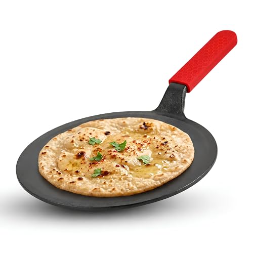 Image of Omichef Premium Cast Iron Tawa for Roti & Dosa | 25.5 cm / 10 Inch Heavy Tawa (2kg) | Induction Friendly | Naturally Non-Stick, 100% Pure & Toxin-Free | No Chemical Coating (RED (Silicone Handle))