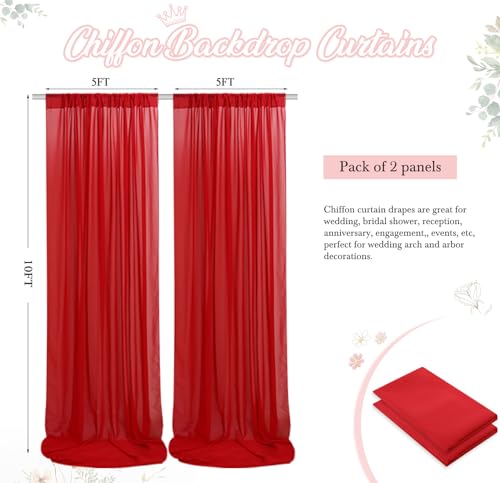 FANPROMS Red Sheer Backdrop Curtains 5x10ft 2 Panels Chiffon Fabric Wedding Drapes Tulle Backdrop Curtains for Parties Sheer Cloth Drapes for Backdrop Ceiling Backdrop for Reception Decorations by FANPROMS - Image 4