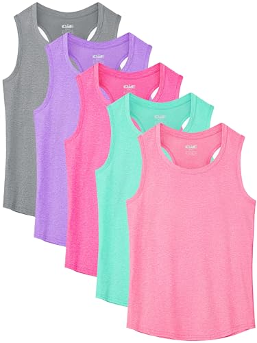 QWE 5 Pack Girls Tank Tops Dry-Fit Girls Sleeveless Undershirts Athletic Tank Tops for Teen Dance Performance Color A 9-10Y
