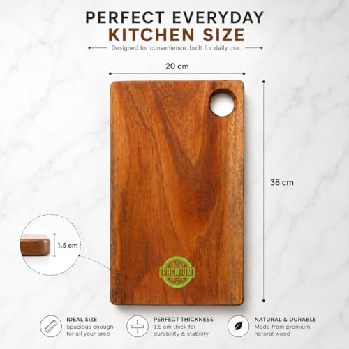 Image of Wooden Chopping Board for Kitchen | Single Block Acacia Chopping Board Wood | Wooden Chopping Board | Cutting Board Wooden for Vegetables, Fruits & Meat | Serving Board (38 x 20 x 1.5 cm)