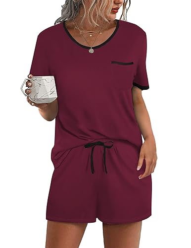 Image of Ekouaer Pajama Set for Women 2 Piece Lounge Set Short Sleeve Tops and Shorts Soft Sleepwear, Chest Pocket