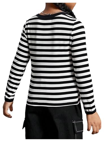 SweatyRocks Girl's Striped Long Sleeve T Shirt Heart Print Embroidery Notched Neck Casual Tee Tops2