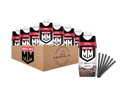 Muscle Milk Protein Shake, Chocolate, 25g Protein, Zero Sugar, Calcium, Vitamins A, C & D, 5g Fiber, Energizing Snack Genuine Protein Shake, Chocolate, 11 Fl Oz. 8 pack