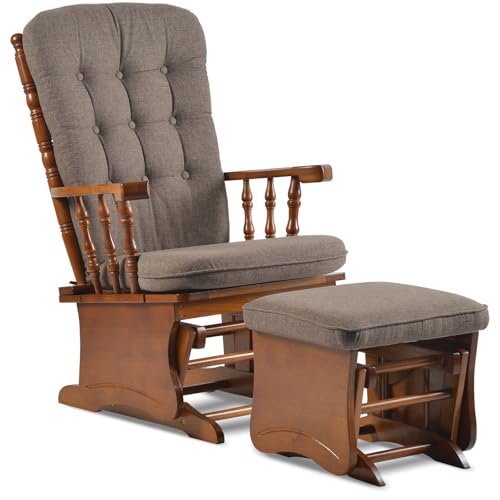 Becivy Anti-Pinch Solid Wood Hand Glider Rocking Chair Set with Ottoman, Padded Cushion, Rustic Rubber Wood Nursery Glider for Nursing, Relaxing,...