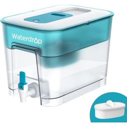 Waterdrop 200-Gallon Long-Life 40-Cup Large Water Filter Dispenser with 1 Filter, Healthy Gift for Home and Office, 5X Times Lifetime, Reduces Chlorine, PFOA/PFOS and More, BPA Free, Turquoi