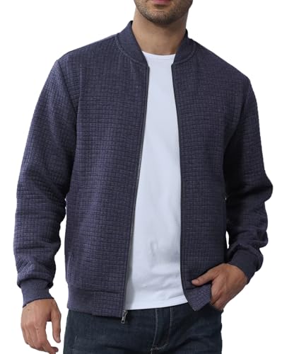 Image of YuKaiChen Mens Lightweight Bomber Jacket Casual Plaid Jacquard Varsity Jacket Coat with Zipper Pockets