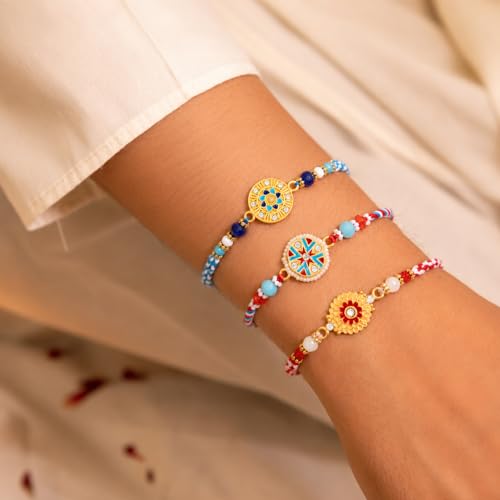 Image of Peora Rakhshabandhan Thread Rakhi for Brother Bhaiya | Crystals & Kundan Studded | Combo, Set of 3 | Rakhi Hamper with Roli Chawal & Greeting Card