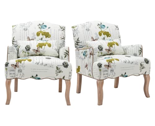 Mid-Century-Accent-Chairs-Set-of-2Modern-Floral-Armchair-Upholstered-Reading-Chair-Comfy-Linen-Single-Sofa-Chair-with-Pillow-for-BedroomLiving-RoomFireplace-Beige-Butterfly-Pattern-2PCS Mid Century Accent Chairs Set of 2Modern Floral Armchair Upholstered Reading Chair Comfy Linen Single Sofa Chair with Pillow for BedroomLiving RoomFireplace Beige Butterfly Pattern 2PCS