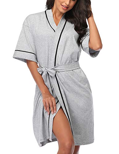 Colorfulleaf Women's 100% Cotton Short Robes Summer Lightweight Kimono Robe Soft Spa Knit Bathrobe Sleepwear For Ladies (Grey,L) #TOP17